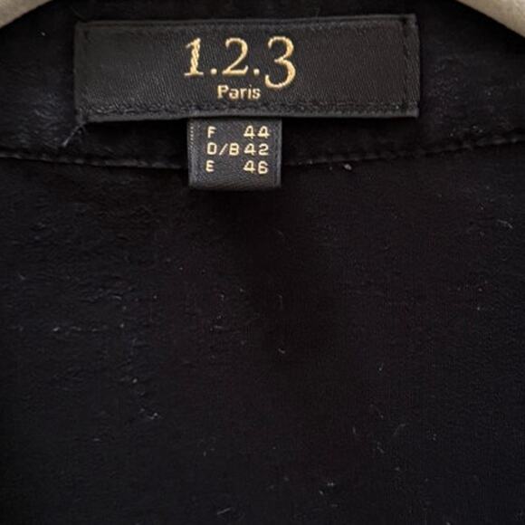 1.2.3. PARIS 100% Silk Tuxedo Style Button Front Blouse Top Long Sleeve Black 14 - Picture 3 of 9